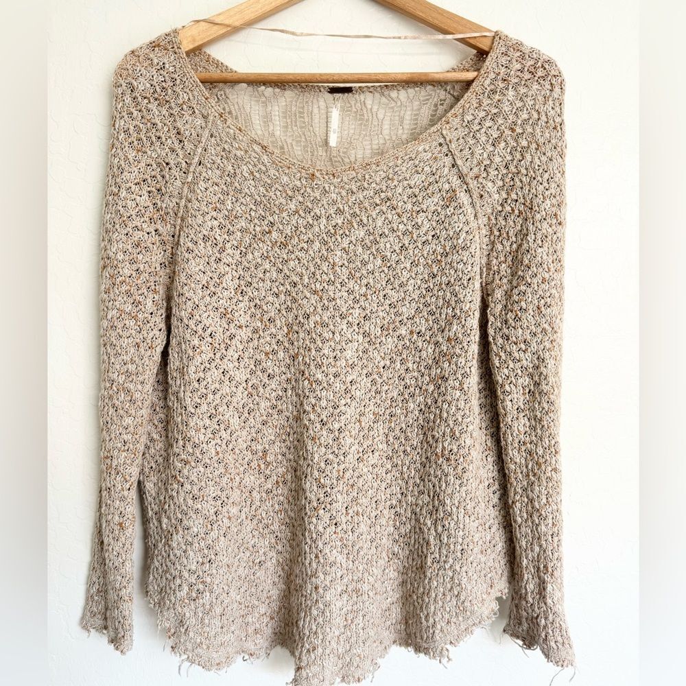 Free People Loose Knit Crochet Sweater Oatmeal Natural Tan Size Extra Small